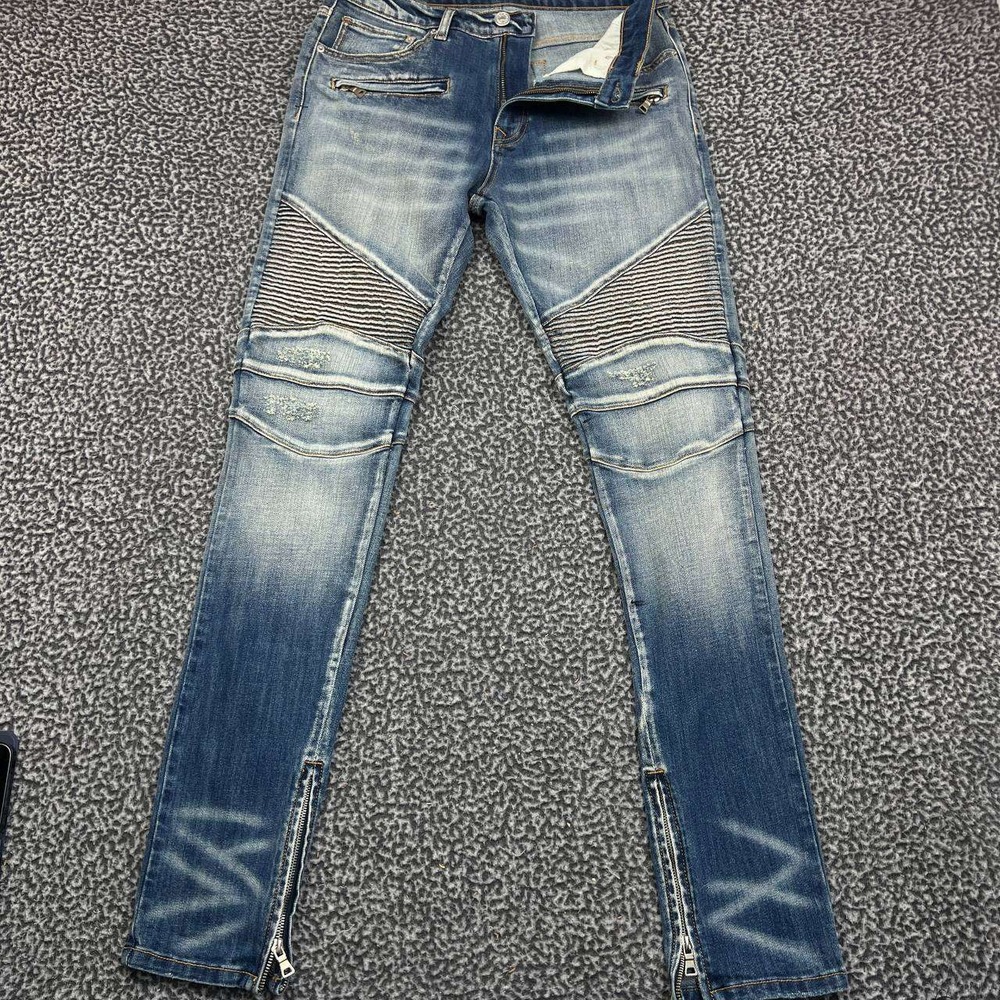 Forever 21 Premium‎ Denim Mens Blue Biker Moto Skinny Distressed Jeans 32x35